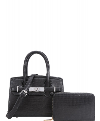 2-in-1 Top Handle Fashion Mettalic Satchel Set ZG-9068A BLACK